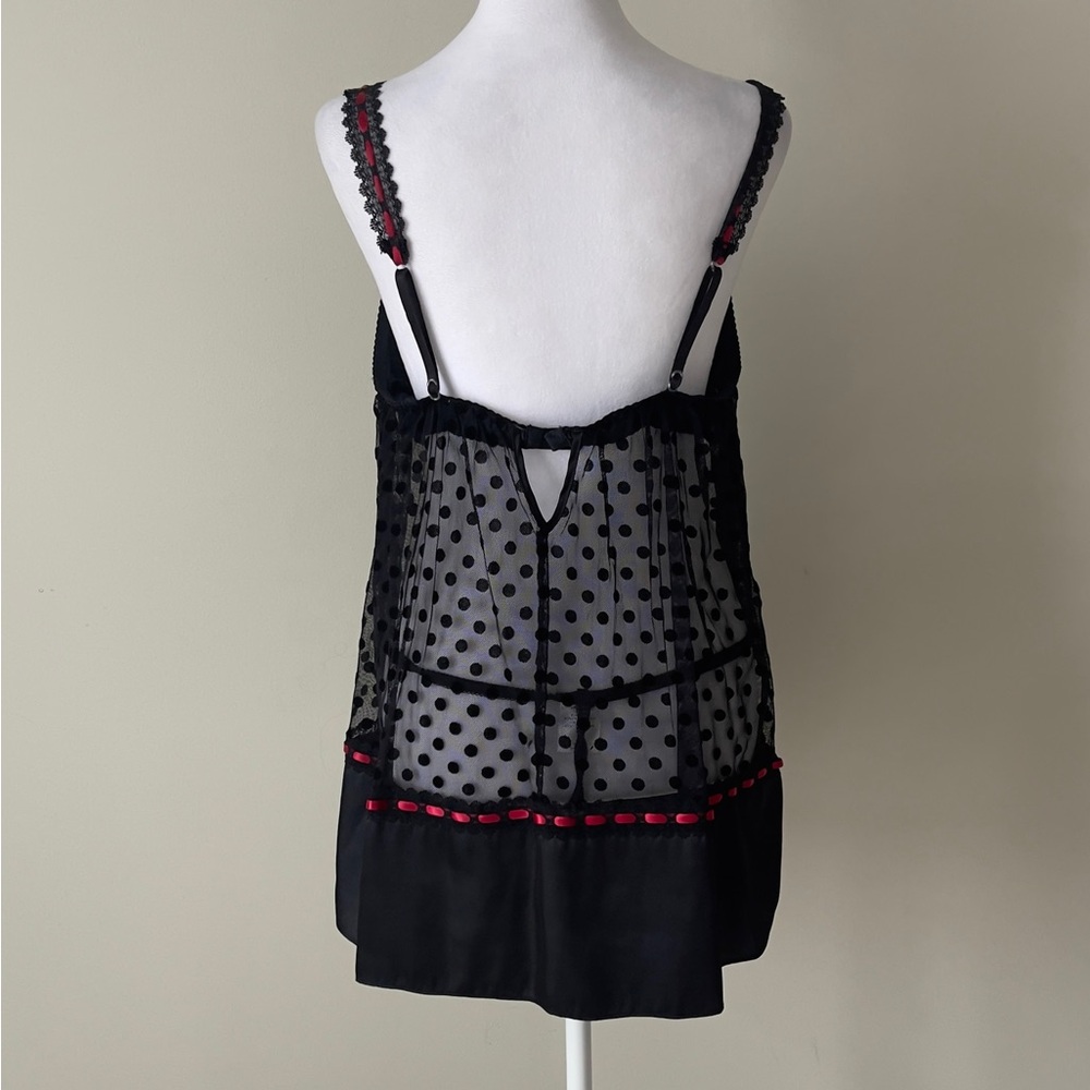 Linea Donatella Black Sheer Polka Dot with Red Accent Set of babydoll and Kimono - Picture 6 of 7